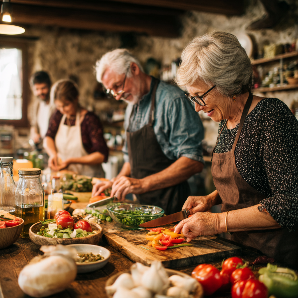 Mature adults learning healthy cooking techniques and meal preparation methods