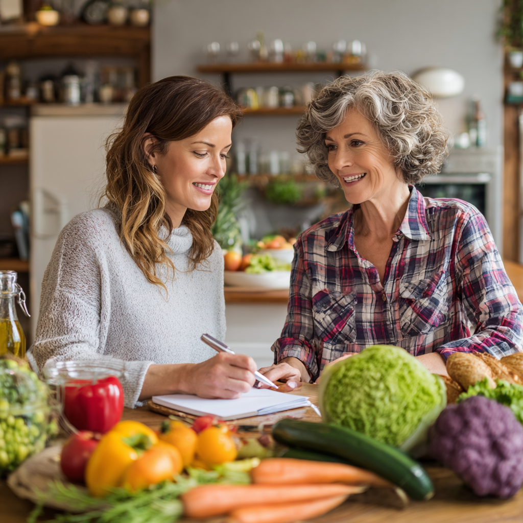 Middle-aged nutritionist consulting with mature adult about healthy meal planning